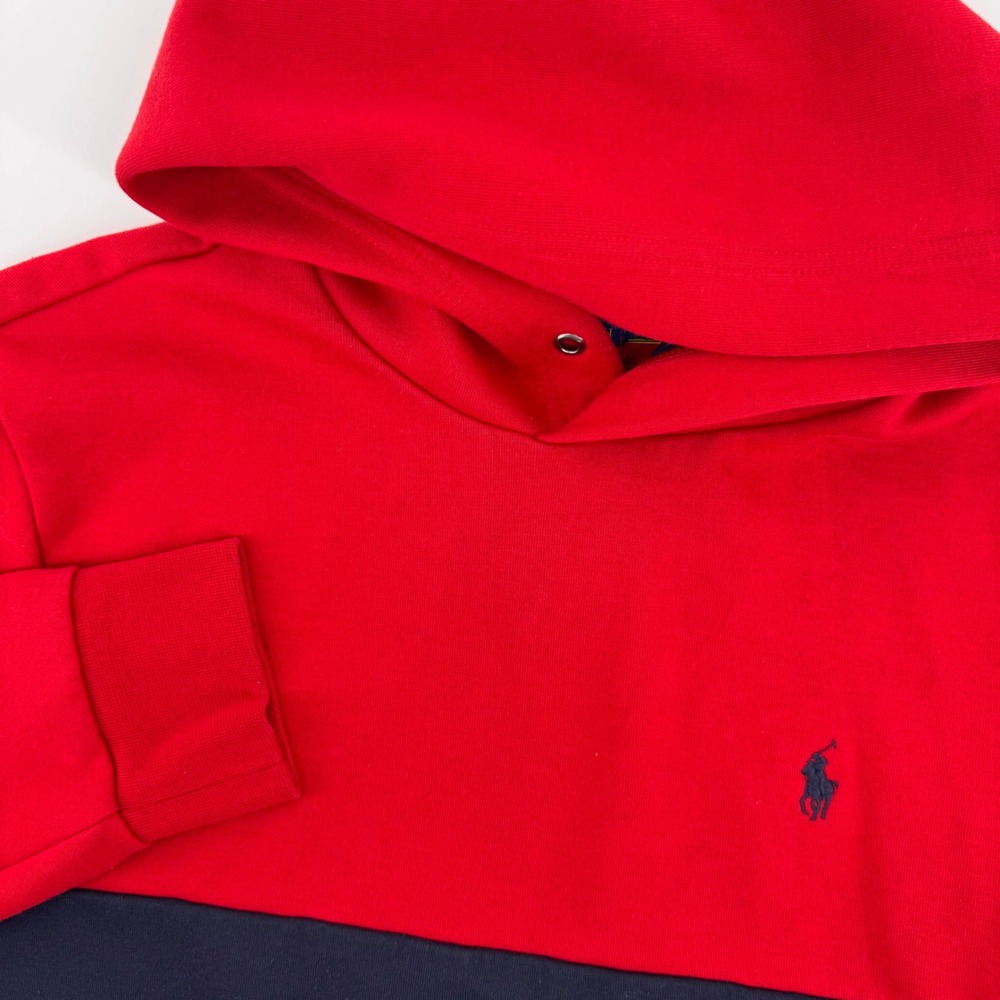 Polo Ralph Lauren Hoodie Mens S‎ Red Navy Colorblock Graphic Sleeve Sweatshirt